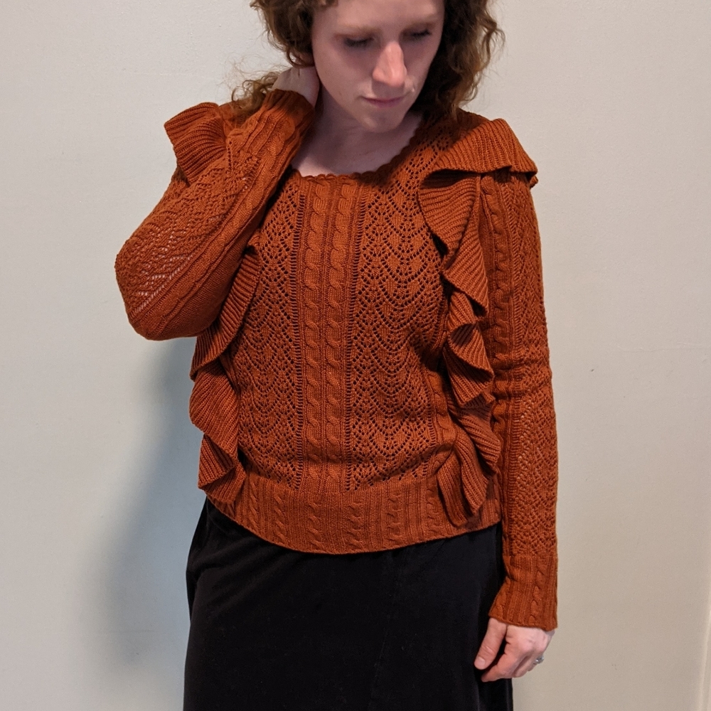 Rust orange Chelsea and violet ruffle sweater